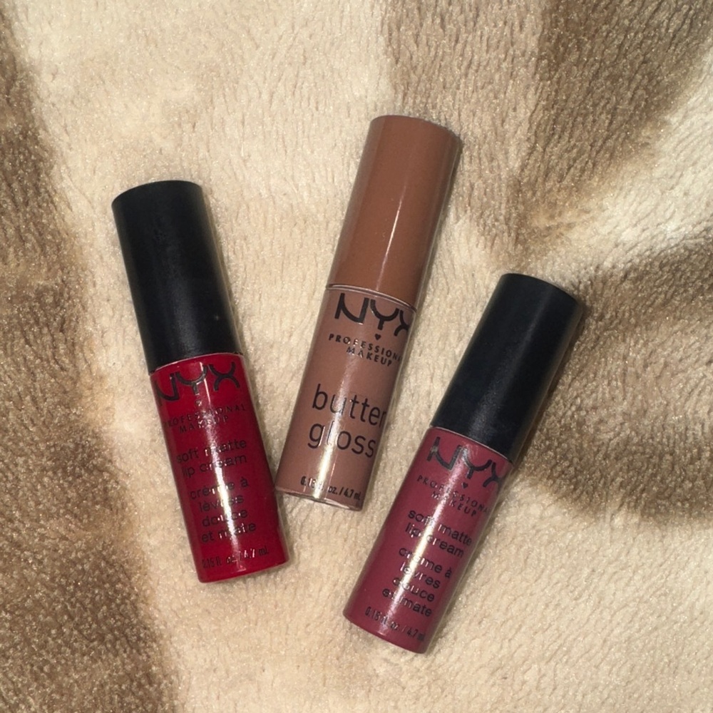 NYX Lip Gloss Trio - Bold Red, Soft Pink, Neutral Tan